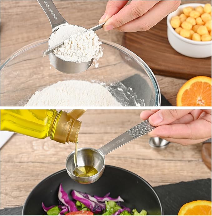 Measuring Spoons Set, 18/8 Stainless Steel Measuring Spoons Set for Dry & Liquid, Metric & US 6 Measuring Spoons with 1 Leveler & 1 Locking Ring for Baking & Kitchen