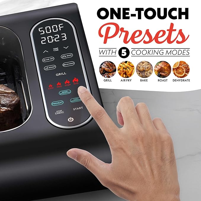 Gourmia Smokeless Indoor Grill - Air Fryer Combo with Smoke Extractor, 5 Cooking Presets, Grill, Air Fry, Roast, Bake, Dehydrate, Countertop Cooker, Glass Lid