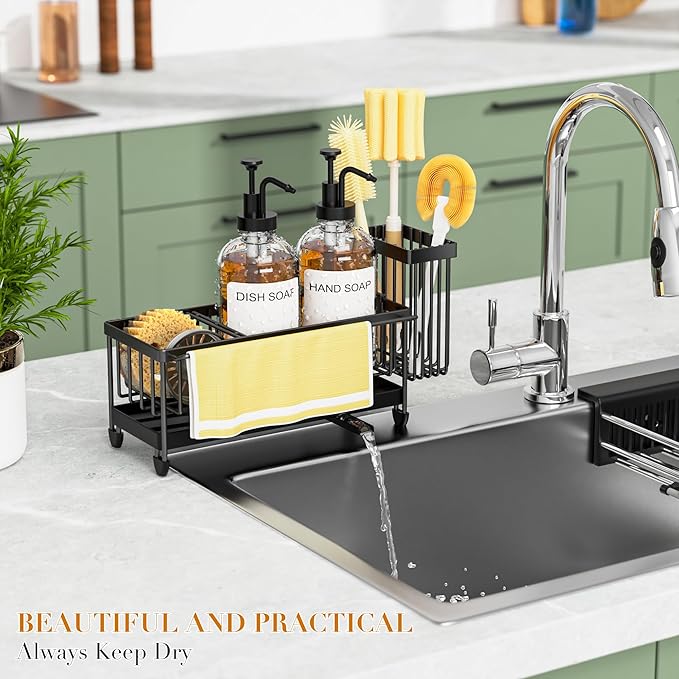 Kitchen Soap Dispenser Set with Sponge Holder and Towel Rack, 17OZ Glass Bottle, Hand and Dish Soap Dispenser Set, Non-Slip Silicone Pad, Brush Holder, Sink Organizer Countertop (Transparent)