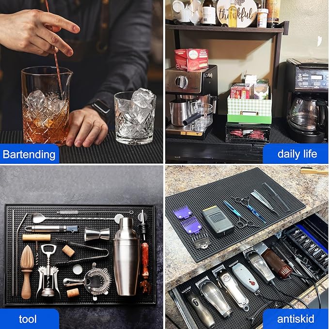 4 Pack Rubber Mats, 18" x 12" Black Bar Service Spill Mat for Countertop, Bartending, Efficient and Stylish Solution