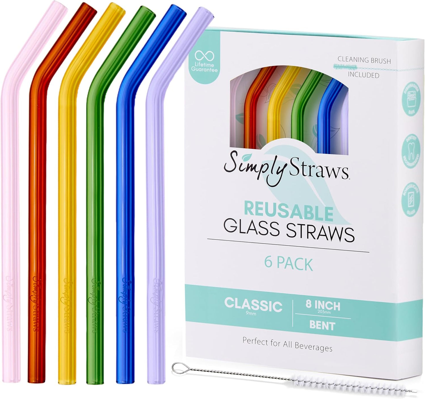 Simply Straws 8 Inch Glass Straws Bent (6-Pack) – Reusable Glass Straws for Pints & Juice Drinkware, with Cleaning Brush – Dishwasher Safe, Hot & Cold Use, BPA-Free (Iridium)