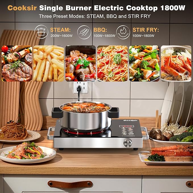 Single Burner Electric Cooktop - 110V Portable One Burner Hot Plate 1800W, Countertop Electric Stove top for Home, Camping, RV, Timer, Child Lock, Steam, BBQ, Stir Fry, 110-120V Plug in