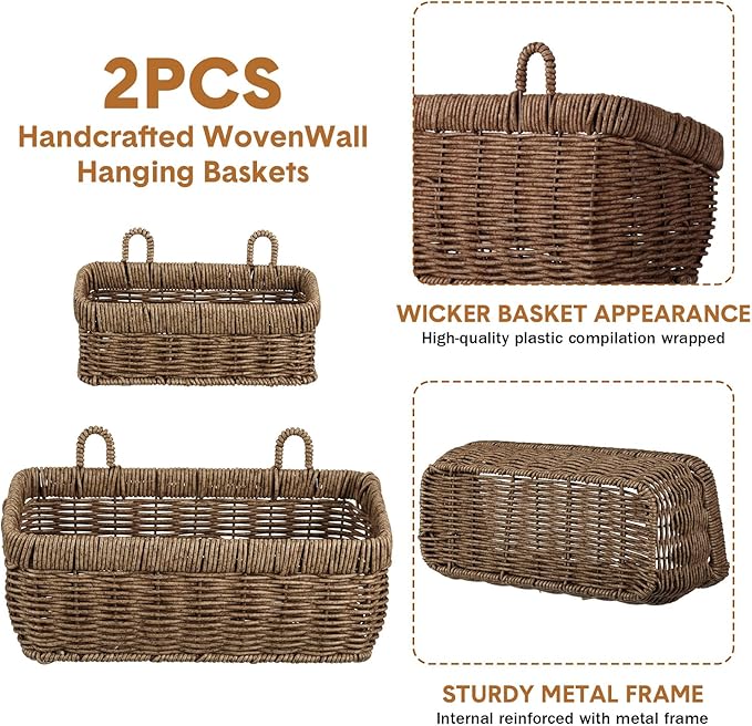 Tioncy 2 Pcs Woven Hanging Wall Baskets for Storage Boho Style Hanging Storage Plastic Woven Baskets with 4 Hooks for Kitchen Garden Living Room