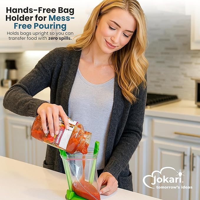 Jokari Adjustable Baggy Rack Stand 2 Pack Hands Free Food Storage Bag Holder Stand for Freezer and Sandwich Bags Clip Stand for Pouring Leftovers or Drying Reusable Ziploc Bags
