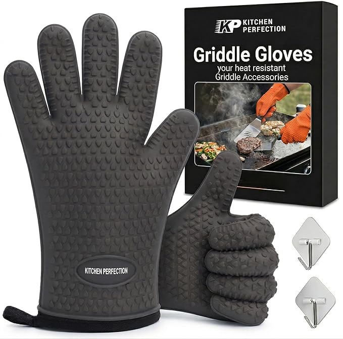 KITCHEN PERFECTION XL Silicone Oven & Griddle Gloves -Extreme Heat Resistant BBQ & Grilling Gloves -Handle Hot Food Right on Your Griddle |Waterproof Oven Mitts Grill Gloves |Superior Set+3 Bonuses