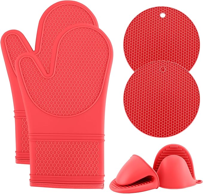 COOK WITH COLOR Silicone Oven Mitts- Heat Resistant Gloves with Soft Quilted Lining Oven Mitt Pot Holders for Cooking and BBQ, Red, Mitt Set