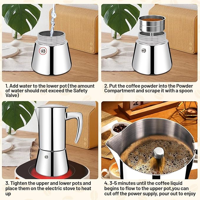 No Coating 4 Cup Thickened 304 Stainless Steel Moka Pot Stovetop Espresso Maker Italian Coffee Machine 200ml 6.8oz Suitable for Gas Induction Stovetop Greca Coffee Maker Percolator