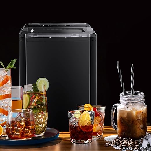 Countertop Ice Maker, 9 Cubes Ready in 6 Mins, 26lbs in 24Hrs, Self-Cleaning Ice Machine with Ice Scoop and Basket, 2 Sizes of Bullet Ice for Home Kitchen Office Bar Party, Black