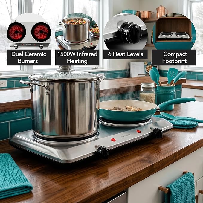 OVENTE Countertop Infrared Double Burner, 1500W Electric Hot Plate and Portable Stove with 7.5” Ceramic Glass Cooktop, 6 Level Temperature Setting and Easy to Clean Base, Silver BGI202S
