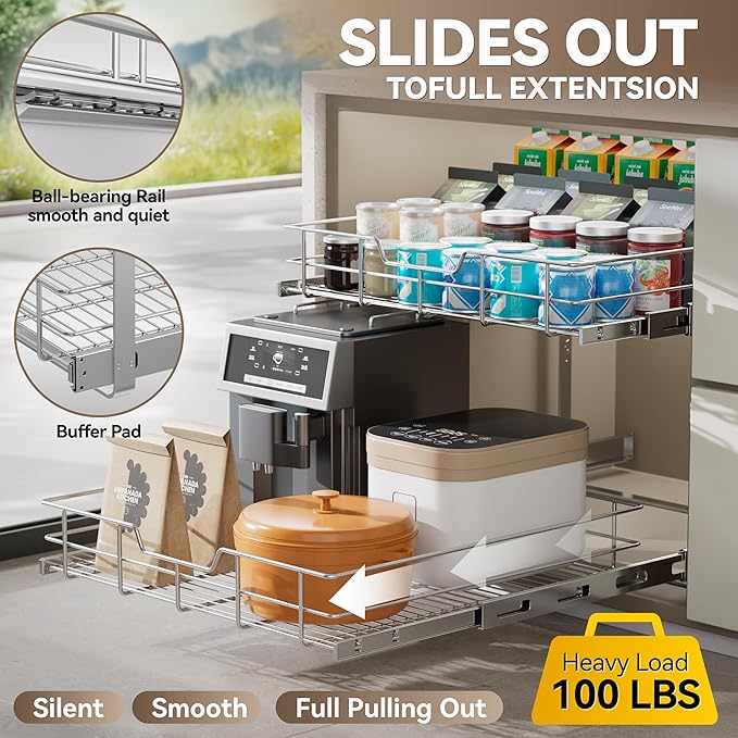 2 Tier Pull Out Cabinet Organizer 24" W X 22" D, Slide Out Drawers For Kitchen Cabinets, Pull Out Drawers For Cabinets Capacity Heavy Duty Caddy, Cabinet Pullout Shelves Chrome-Plated, Bathroom Pantry