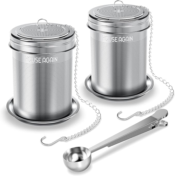 House Again Tea Infuser (2 Pack with Scoop), Extra Fine Mesh Tea Infusers for Loose Tea, 18/8 Stainless Steel Tea Strainer with Extended Chain Hook, Tea Steeper for Brew Tea, Spices & Seasonings