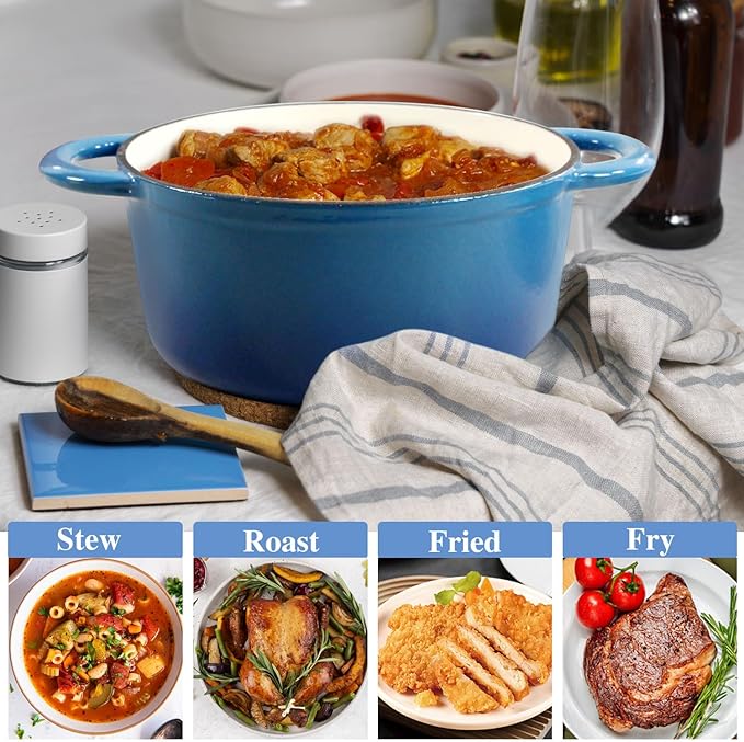 4.5QT Enameled Cast Iron Dutch Oven with Lid, Heavy-Duty and Dual Handles Cookware Round Pot, Oven Safe up to 500° F for Baking, Braising, Cooking and Roasting, Blue