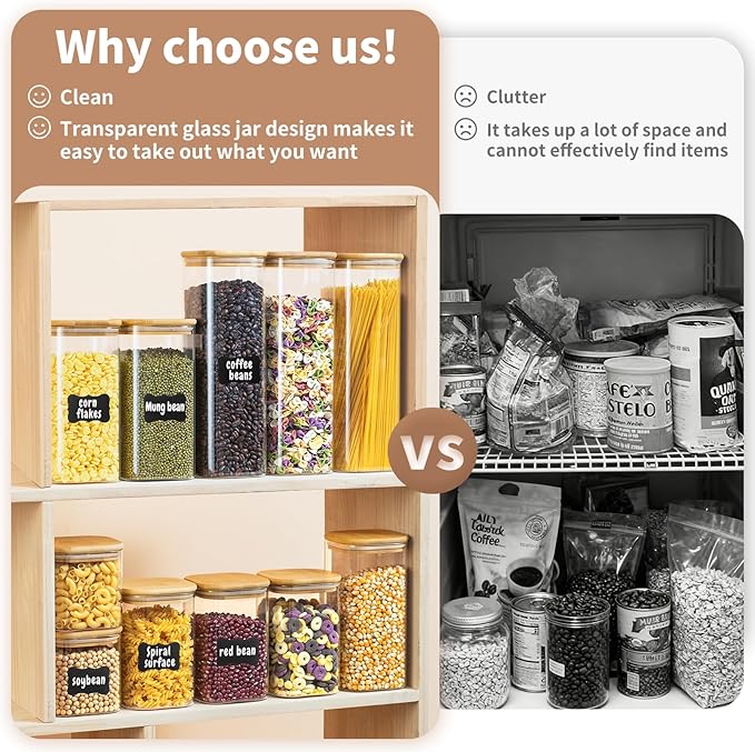 SENTVEND 24 Oz Glass Storage Jars with Bamboo Lids - 6 Pack Clear Glass Canisters Square Airtight Stackable Ideal for Pantry Storage Containers Organizers Great for Storing Oats Coffee Beans Nuts etc