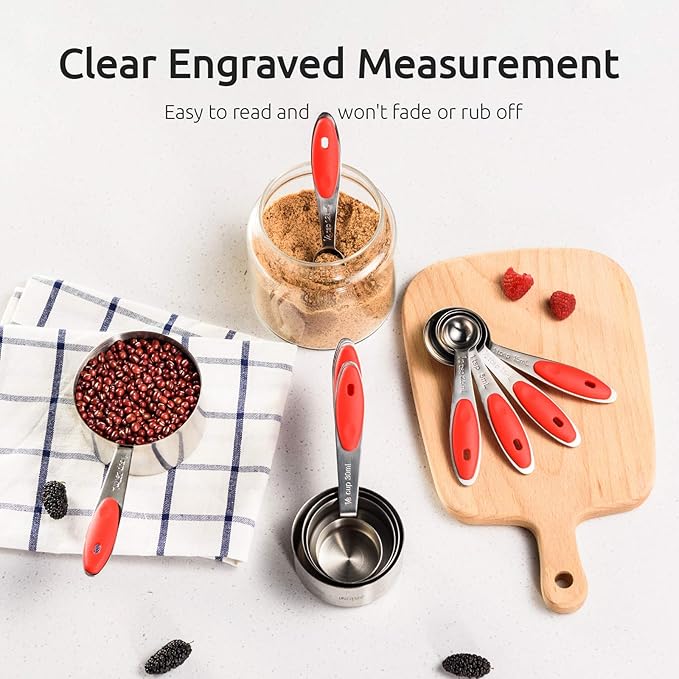 U-Taste 18/8 Stainless Steel Measuring Cups and Spoons (Set of 10, Red), and 18/8 Stainless Steel 600ºF Heat Resistant 11.38in Flexible Non-Stick Spatula & Spoon Spatula (Red)