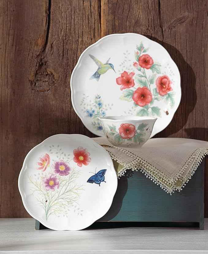Lenox Dinnerware Set, Butterfly Meadow Flutter 12-Piece Set, Service For 4, Elegant White Porcelain, Dishwasher Safe, Chip Resistant, Plates And Bowls Sets, Home and Kitchen (Assorted, 12 Pieces)