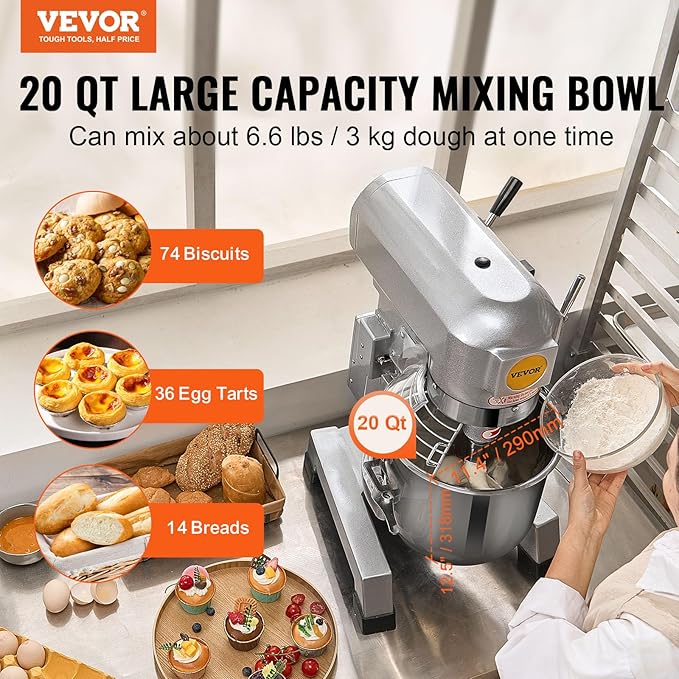 VEVOR Commercial Food Mixer 20Qt, Commercial Mixer with 3 Adjustable Speeds, 1100W Dough Mixer,Commercial Stand Mixer with Stainless Steel Bowl