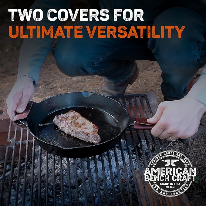 American Bench Craft Leather Cast Iron Handle Cover (Set of 2) | Full Grain Leather Hot Handle Holders for Cast-Iron Skillets & Pots | Heat Resistant Pan Handle Sleeve | Handcrafted in USA | Tan