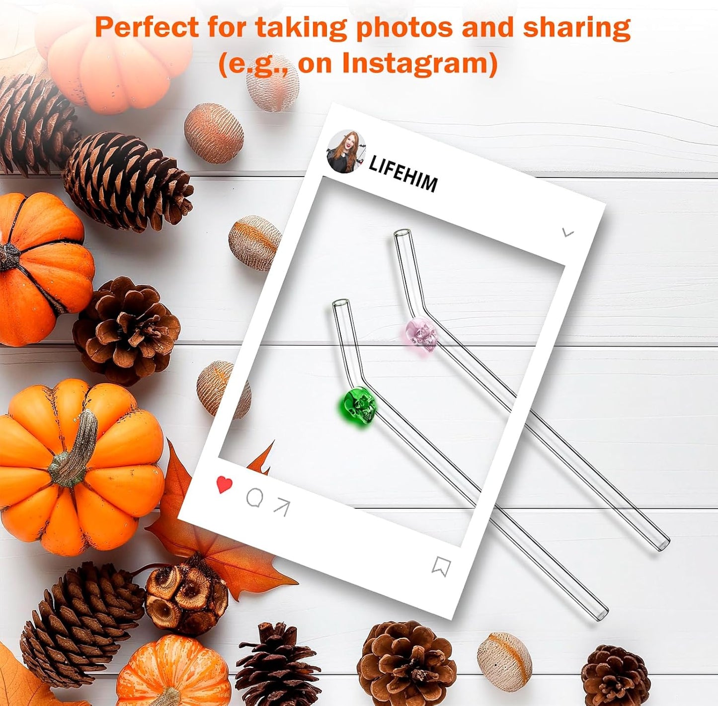 Cute Glass Straws with Charms and Halloween Straws - Reusable Bent Clear Glass Drinking Straws Set with Colored Skull for Silly Crazy Fun Fall Parties & Gift Giving, Include 2 Cleaner Brushes -8mm 9in