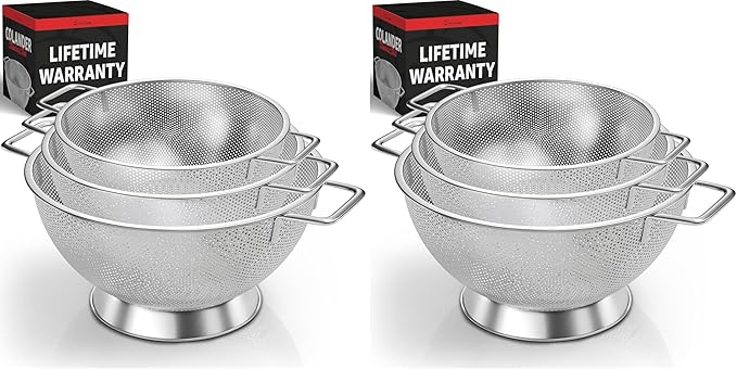 PriorityChef Premium Stainless Steel Colander for Kitchen, Durable Rice and Pasta Strainer with Handle, Rust-Resistant & Dishwasher Safe, 3/4/5 Qt (Pack of 2)
