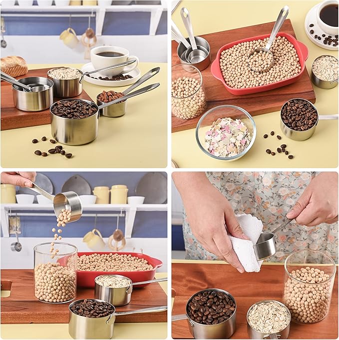 Measuring Cups and Spoons Set 16, 18/8 Stainless Steel Measuring Cups and Spoons for Dry&Liquid, 7 Metric&US Measing Cups &6 Measuring Spoons &Measure Equivalents for Kitchen&Baking