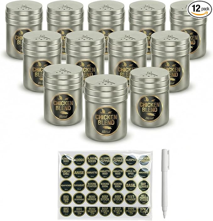 CUSINIUM 12-pack 6oz Metal Seasoning Containers Set with Adjustable Lid -192 Labels + Marker - Spice Jars Organizers Bundle