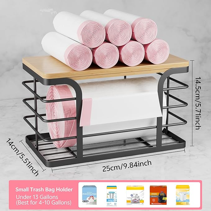 Small Trash Bag Holder,Wall Mount Grocery Bag Holder with Bamboo Top,Suitable for Garbage Bags of 100 Rolls under 13 Gallons,Black