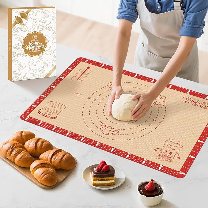 Non-Slip Silicone Baking Mat - 20x28 inch Extra Thick Pastry Mat with Measurements for Sourdough, Macarons, Bread, Pizza, Dough Rolling, Kneading, Oven Mat Heat Resistant to 480°F for Baker