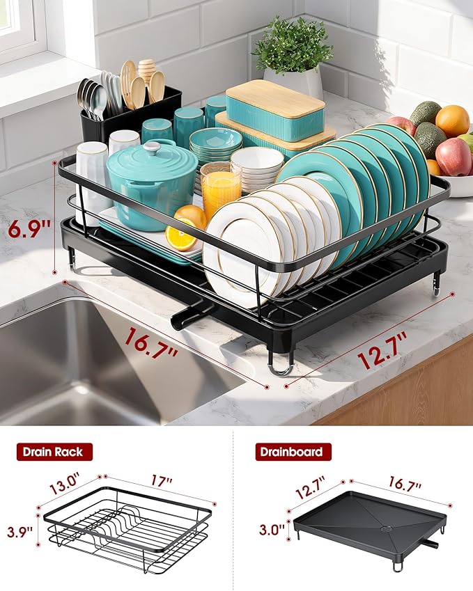 Sakugi Stainless Steel Dish Drying Rack for Kitchen Counter, Sink Organization and Storage Essentials with Silverware & Utensil Holder, Home and Apartment Decor, 12.5''W x 16.5'L, Black