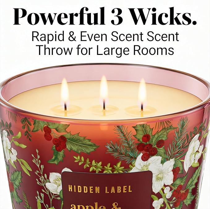 Apple Mulberry Scented Candle, 30oz 3 Wick Large Candle, 100H Long Burn Natural Soy Wax, Sweet Autumn & Winter Holiday Fragrance, Festive Gift for Women & Home Decor | Hidden Label