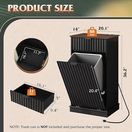 WLIVE 10 Gallon Tilt Out Trash Can Cabinet, Hidden Garbage Can Cabinet with Power Outlets, Storage Drawer, Food/Clothes Storage Pet Proof Kitchen Trash bin for Home, Launday (Black)