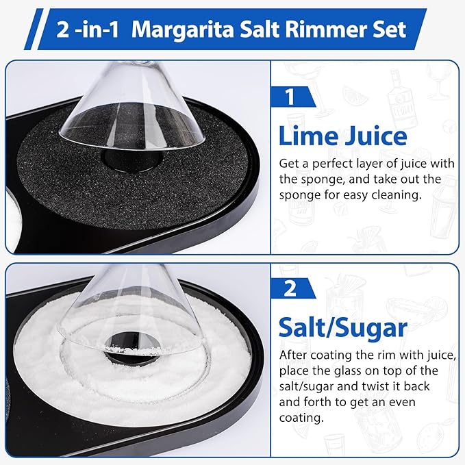 Margarita Salt Rimmer Set, 2 Pack Bar Salt and Sugar Rimmer with Sponge, 2-in-1 Bar Glass Cocktail Rim Set, Dishwasher Safe Black Barware Tools for Margarita Mojitos (Black)