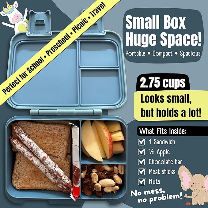 Kids Lunch Box with Compartments – Compact & Lightweight | Leak-Proof, BPA-Free, Dishwasher & Microwave Safe | Hand-Drawn Design for Preschool, School, Travel (Excavator Monkey Blue, 2.75 Cups)