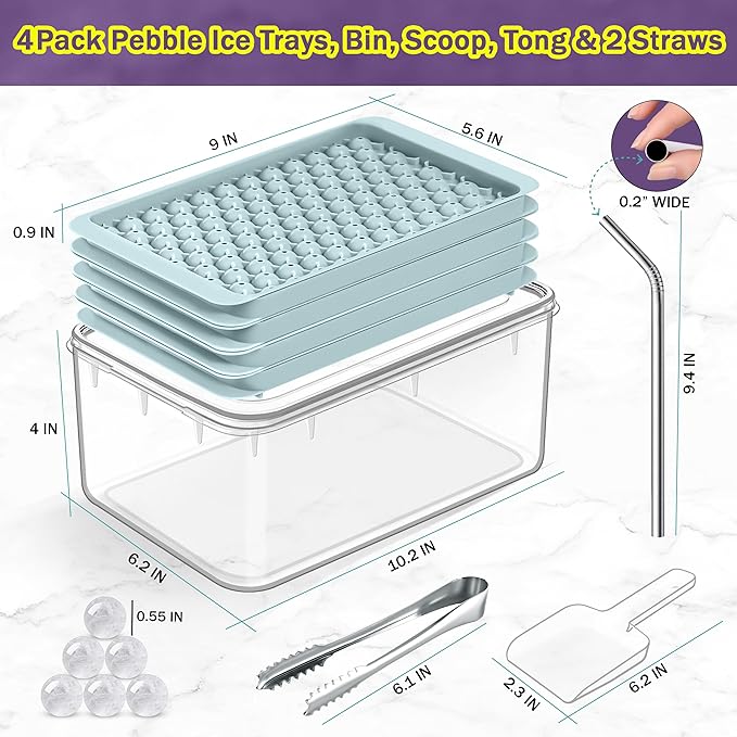 Mini Ice Cube Tray Set & Silicone Ice Cube Tray Set - 8 Trays, 2 Bins, 2 Scoops, 2 Tongs & 4 Straws