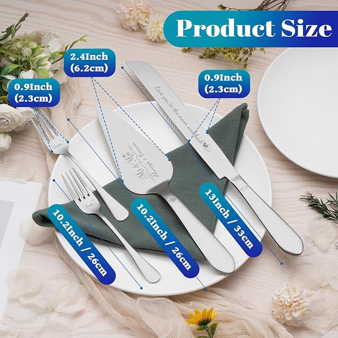 Eisinly Cake Cutting Set for Wedding, Elegant Cake Knife and Server Set with Stainless Steel Forks, Cake Cutter and Pie Spatula for Engagements, Anniversary, Bride and Groom, 4 Pcs, Silver