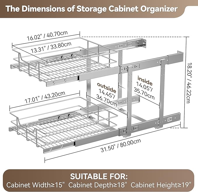 2 Tier Pull Out Cabinet Organizer 15" W X 17" D, Slide Out Drawers for Kitchen Cabinets, Pull Out Drawers for Cabinets Capacity Heavy Duty Caddy, Cabinet Pullout Shelves Chrome-Plated,Bathroom Pantry