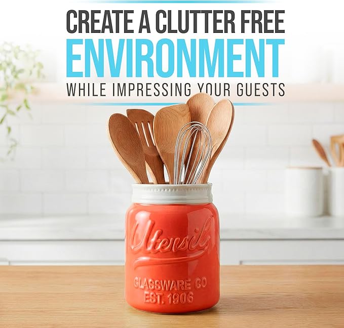 Comfify Wide Mouth Mason Jar Utensil Holder Decorative Kitchenware Organizer Crock, Dishwasher Safe - Kitchen Caddy, Large Size 7" High - Coral