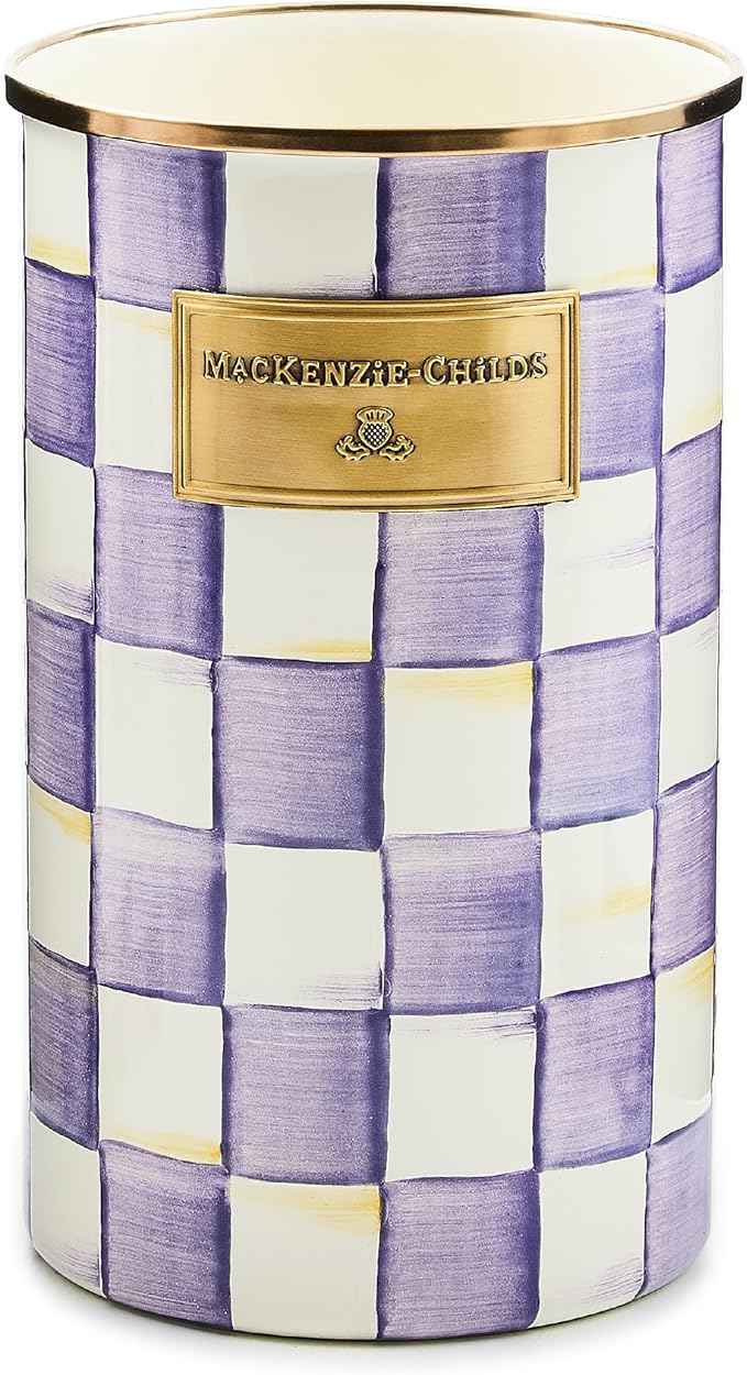 MACKENZIE-CHILDS Enamel Utensil Holder, Stylish Kitchen Countertop Organizer, Purple-and-White Violet Check