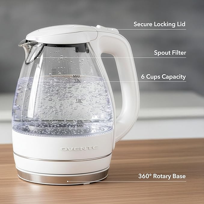 OVENTE Electric Kettle, 1.5L Borosilicate Glass Countertop Water Heater and Boiler for Coffee or Tea, BPA-Free, Auto Shut-Off, Boil-Dry Protection, Removable and Washable Spout Filter, White KG83W