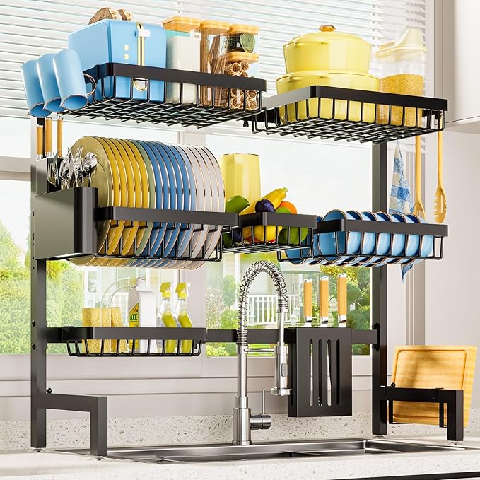 Sakugi Dish Drying Rack - Over The Sink Dish Drainer Drying Rack with Utensil & Knife Holder, Hooks, Stainless Steel Kitchen Organizers and Storage Solution, 11.8" D x 31.5"~39.0''W x 30" H, Black
