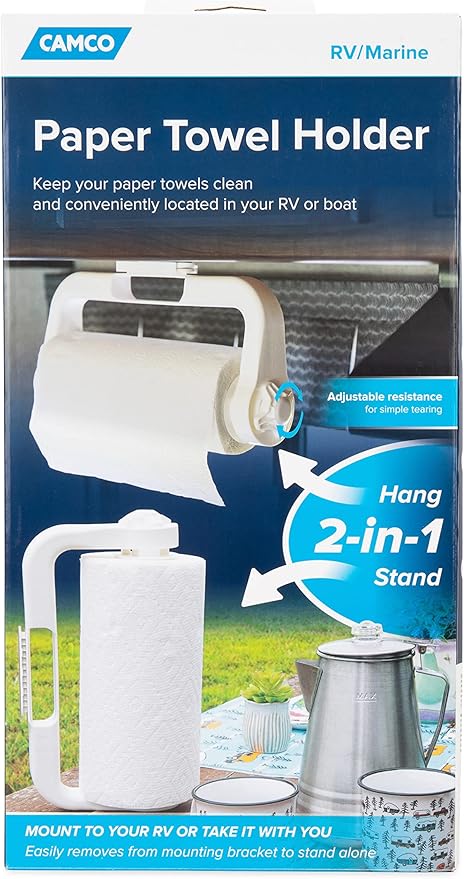 Camco Paper Towel Holder | Ideal for Compact Areas | Features Mountable Design and Adjustable Side Knob | Black (57115)