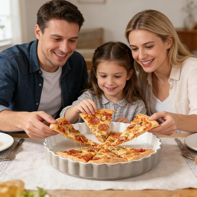 Quiche Baking Dish,Ceramic Pie Pan 11 Inch Reusable,Pizza Pan，Non-Stick Round Tart Pan with Ruffled Edge Microwave Dishwasher and Oven Safe (GREY)