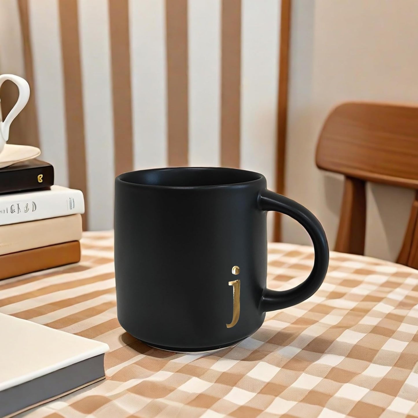 COLLECTIVE HOME - Black Monogram Ceramic Mugs, 15 oz Golden Initial Coffee Cups, Elegant Alphabet Tea Mugs, Personalized Halloween Mug with Gift Box, Perfect for Office and Home Décor (j)