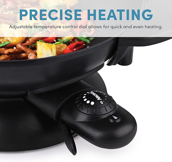 Aroma Housewares AEW-306 Electric Wok with Tempered Glass Lid Easy Clean Nonstick, Cooking Chopsticks, Tempura and Steaming Racks, Professional Model, Black