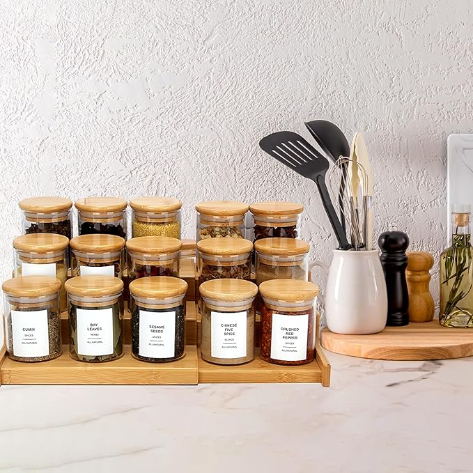 EgticHome 4OZ Glass Spice Jars with Bamboo Lids and 315 Labels, 20 Pcs Clear Food Storage Containers for Kitchen Sugar Salt Coffee Tea Beans
