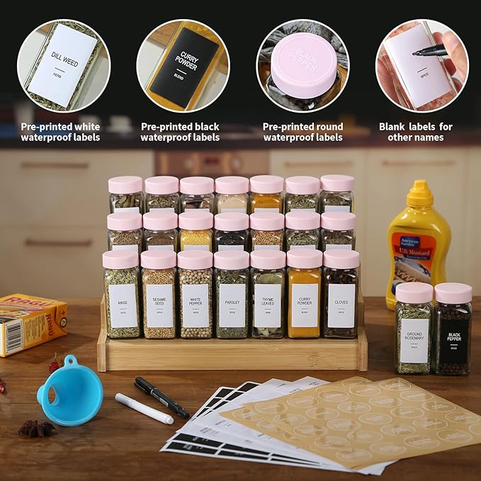 48 Glass Spice Jars with Labels, Spice Jar Set, 4oz Seasoning Containers, Spice Containers with Pink Airtight Lids and Shaker Lids, Square Empty Spice Bottles, 492 Labels, 1 Funnel