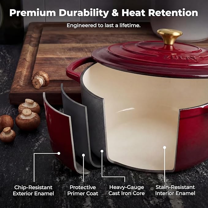 Zulay Kitchen 6 Quart Enameled Cast Iron Dutch Oven Pot with Lid – Premium Durability & Oven Safe up to 500°F – Heavy Duty Cookware Perfect for Bread Baking, Stews, Braising & Roasting – Garnet