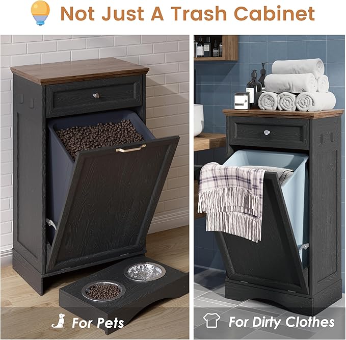 NEWOWNDS Tilt Out Trash Can Cabinet 10 Gallon Hidden Trash Garbage Can Cabinet with Drawer,Pet Proof Hidden Garbage for Kitchen,Laundry Bathroom (Black - with Feeding Bowls, Single Door)