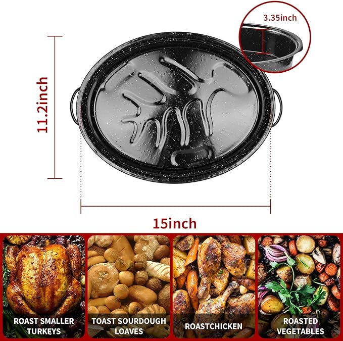DIMESHY 18Inch Roasting Pan, Enamel on Steel, Black Covered Oval Roaster Pan with Lid, Large Cookware for Turkey, Small Chicken, Roast Baking Pan.