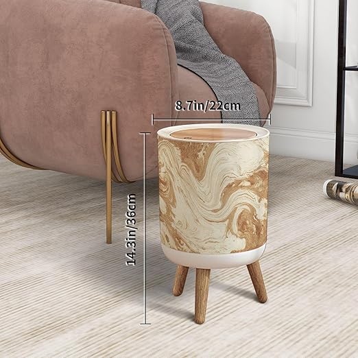 Trash Can with Lid Gold Textured Paper Press Top Round Small Garbage Bin with Wooden Legs Waste Basket for Kitchen Bedroom Nursery 7L/1.8 Gallon