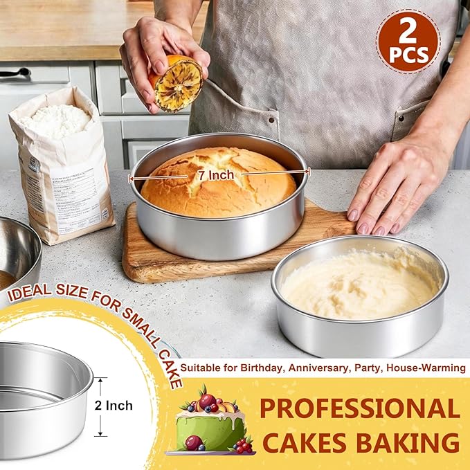 P&P CHEF 7 Inch Cake Pan Set of 2, 2 Pieces Round Layer Cake Baking Pans, Stainless Steel Smash Cake Tin Bakeware for Cooking Steaming, Nontoxic & Sturdy, Oven & Dishwasher Safe